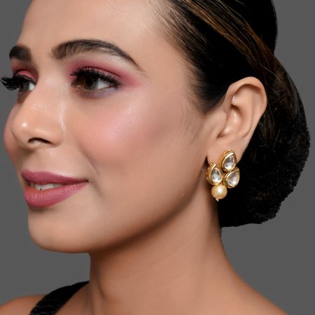 Pearl Drop Mirror Stud Earrings with Triple Teardrop Design